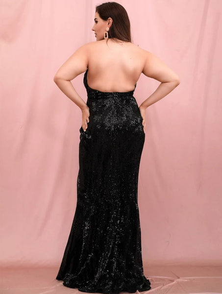 Plus-Size Long Sequin Halter Dress- Black