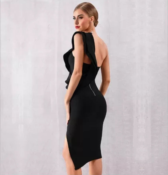 Black One-Shoulder Ruffle Bandage Dress - Top Glam Shop