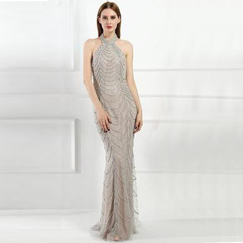 Camillia Beaded Gown Grey Silver Long Wedding Embellished Halter Gown for Prom Galas Red Carpet