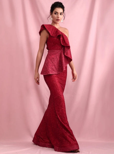 Catalina Ruffled Gown- Deep Red - Top Glam Shop