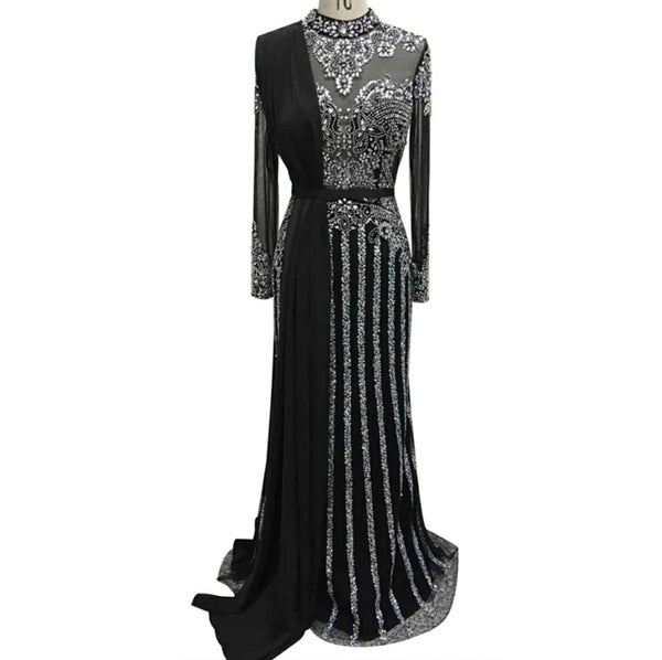 Long sleeve black silver sparkly modest Muslim rhinestone crystal beaded wedding prom dress with train shawl