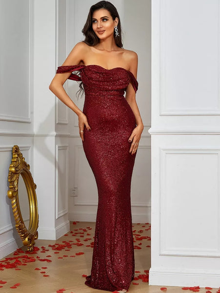 Charlene Off-The-Shoulder Sequined Dress- Deep Red