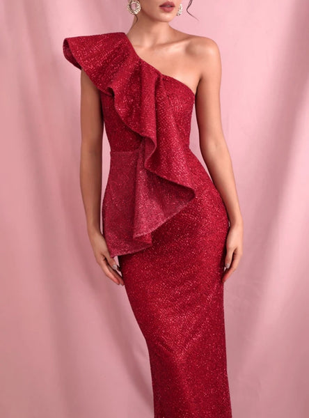 Catalina Ruffled Gown- Deep Red - Top Glam Shop