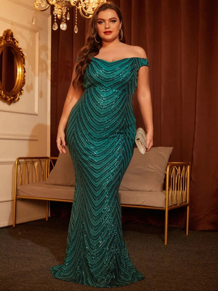 Emerald Green Plus-Size Long Sequin Dress