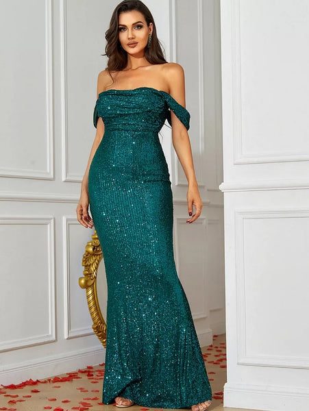 Charlene Off-The-Shoulder Sequined Dress- Deep Emerald