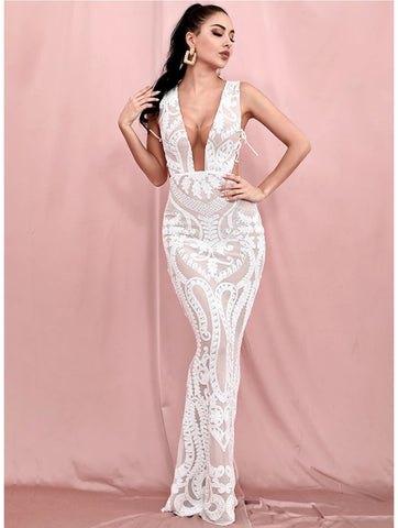 Marbella Deep-V Gown- White - Top Glam Shop
