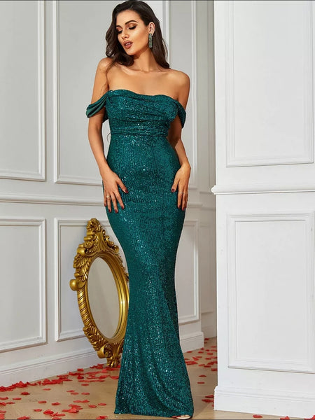 Charlene Off-The-Shoulder Sequined Dress- Deep Emerald