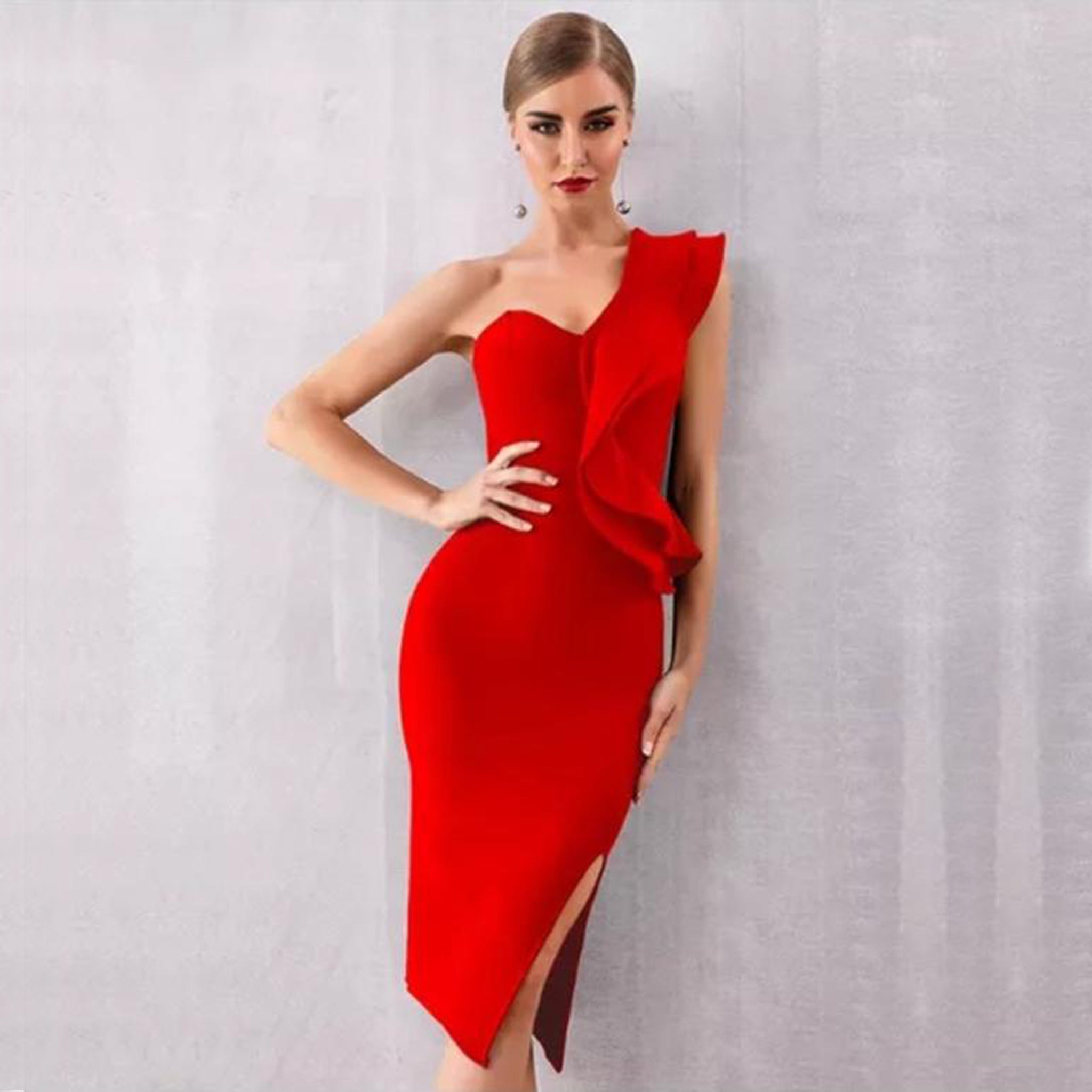 Red One-Shoulder Ruffle Bandage Dress - Top Glam Shop