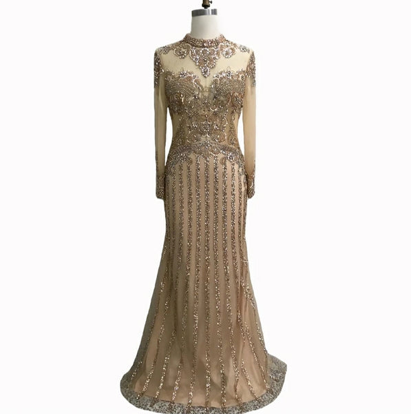 Long sleeve gold sparkly modest Muslim rhinestone crystal beaded wedding prom dress with train shawl