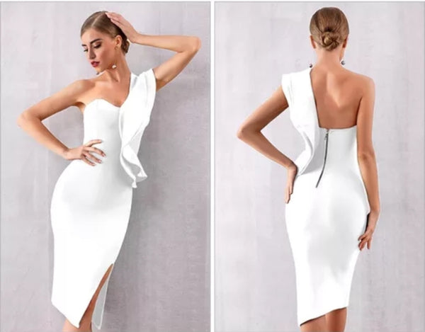White One-Shoulder Ruffle Bandage Dress - Top Glam Shop