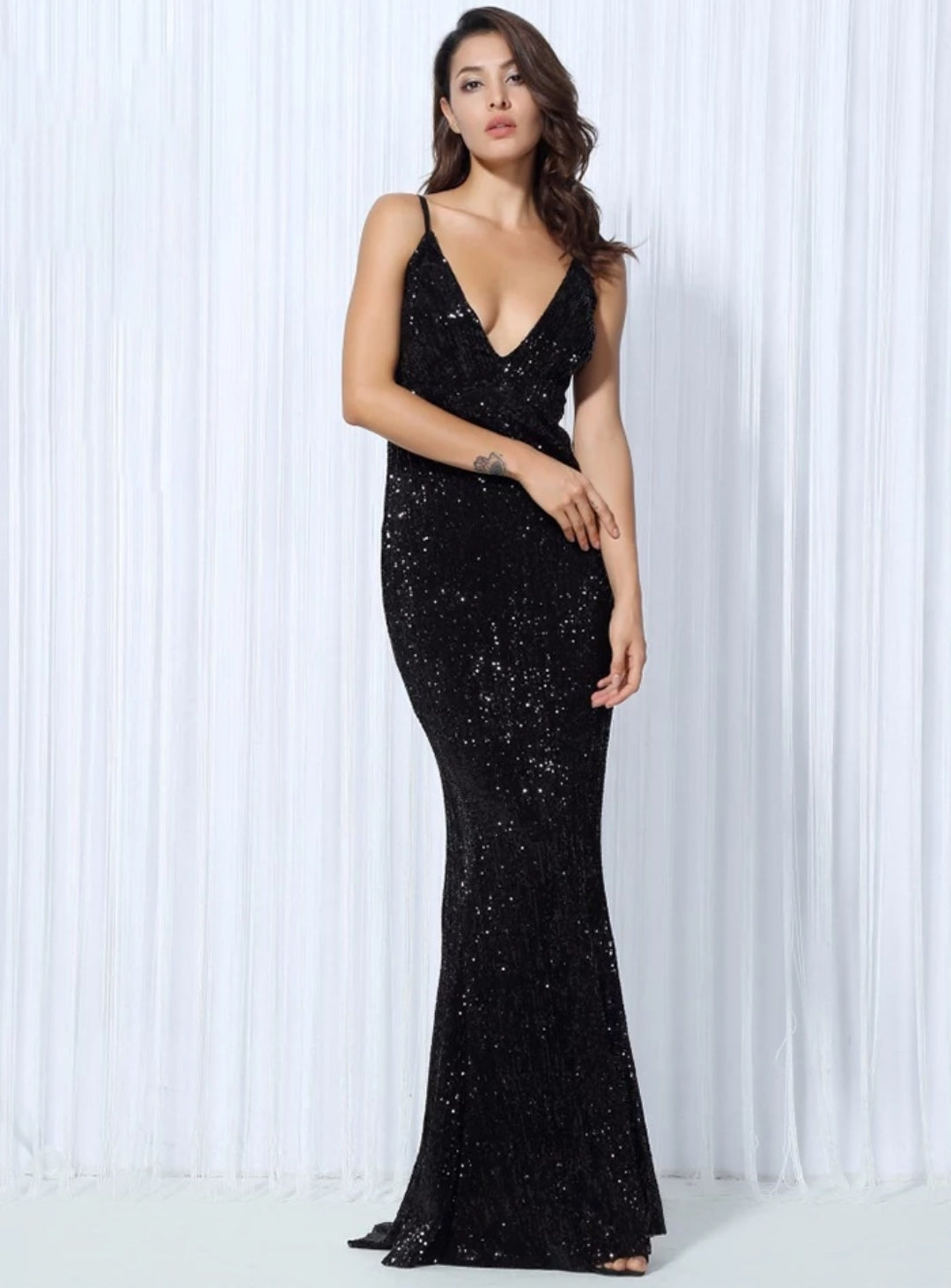 Long black sparkly sequined deep V backless gown