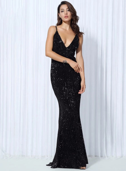 Long black sparkly sequined deep V backless gown