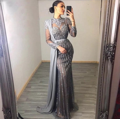 Long sleeve silver grey modest Muslim rhinestone crystal beaded wedding prom dress with train shawl